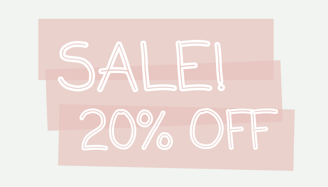 Sale advertisement with 'SALE! 20% OFF' text on a light pink background.